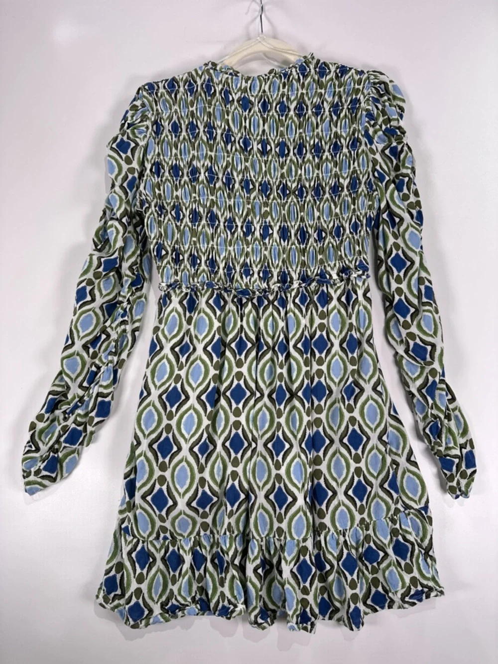 By Anthropologie Ruffle Mini Dress Smocked Long Sleeve Ikat Blue Green S - Picture 3 of 14